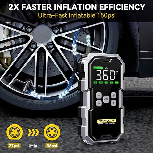 Jump Starter with Air Compressor, 6000A 150PSI Jump Starter Battery Pack (All Gas/10L Diesel), Digital Tire Inflator, with Type-C Quick Charge, Smart Jumper, and LED Lights